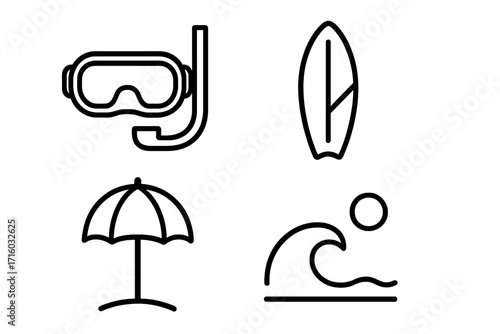 Summer beach vacation icon set. Thin line outline symbols of diving mask, surfboard, umbrella, wave. Water sports, travel and holiday vector icons for web and graphic design.