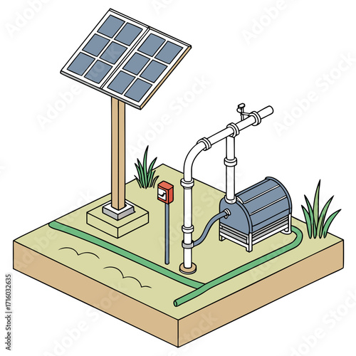 Illustration of a solar powered water pump system with pipes and solar panels in an outdoor setting
