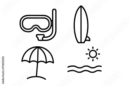 Summer beach vacation thin line icon set. Snorkel, surfboard, sun umbrella, sea wave outline symbols. Water sport and travel graphic elements for web design or apps.