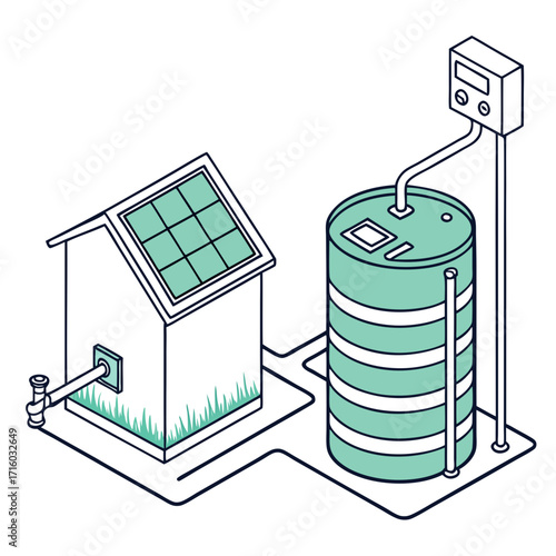 Isometric illustration of a small building with solar panels connected to a water storage tank and control unit