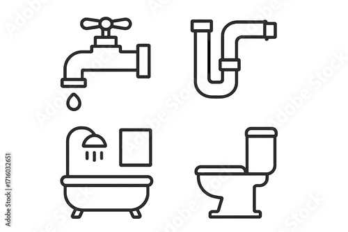 Plumbing and bathroom fixtures icon set. Faucet, pipes, toilet, and bathtub with shower. Sanitary ware linear pictograms for web and graphic design. Vector outline icons.