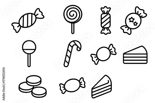 Candy and sweets outline icon set. Simple line art confectionery collection with editable stroke. Includes lollipop, cake slice, candy cane. Vector graphics for web design.