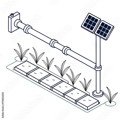 Isometric illustration of a solar powered irrigation system with pipes and sprinklers in a garden setting