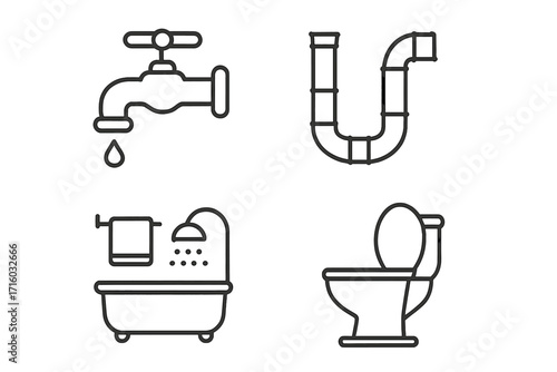 Plumbing outline icon set with faucet, pipe, toilet, shower and bathtub. Bathroom sanitary engineering linear pictograms. Minimal vector symbols for web design, apps, ui, ux.