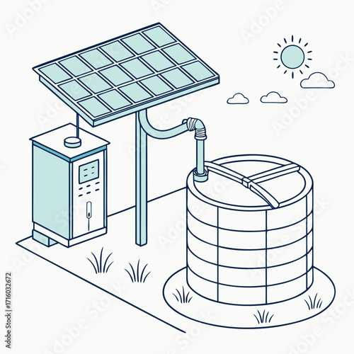 Isometric illustration of a solar powered water pump system connected to a storage tank on a sunny day