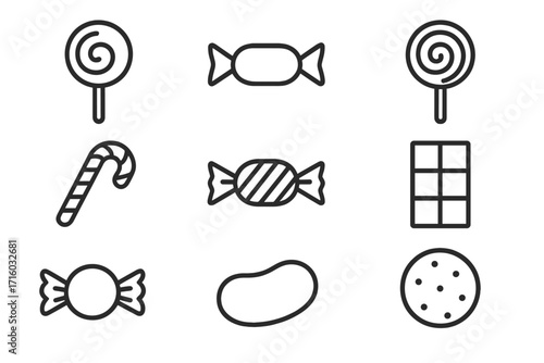 Candy and sweets outline icon set. Collection of simple linear symbols for dessert, sugar, and confection. Vector pack with lollipop, chocolate, cookie, and candy cane icons.