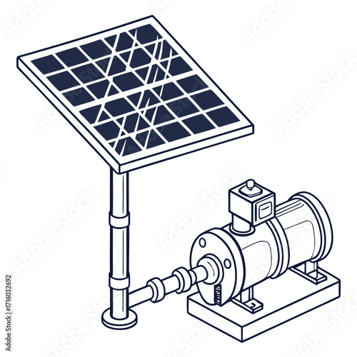 Isometric illustration of a solar powered water pump system with a solar panel and electric pump