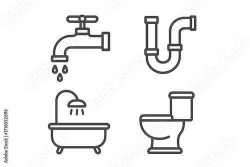 Bathroom and plumbing line icon set. Faucet, pipe, toilet, shower, and bathtub outline vector pictograms. Minimalist linear symbols for sanitary ware and home repair. Web and app design elements.