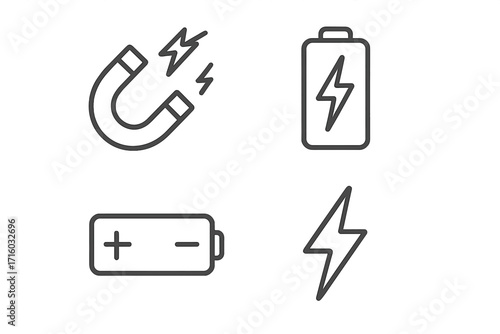 Electricity power and energy thin line icon set. Magnetism, physics science symbols. Battery charge, magnet force and lightning bolt outline pictograms for web and apps.