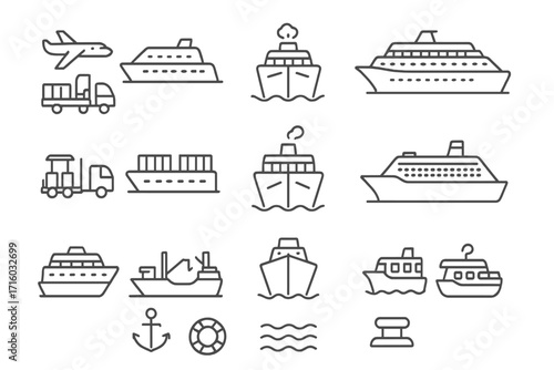 Passenger and cargo transport line icon set. Cruise ship, airplane, container freight, truck. Vector symbols for logistics, shipping, travel. Editable stroke design.
