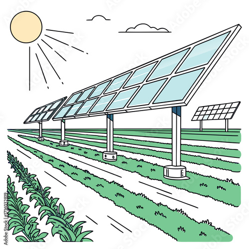 Solar panels installed in a green field with rows of crops under a sunny sky with clouds