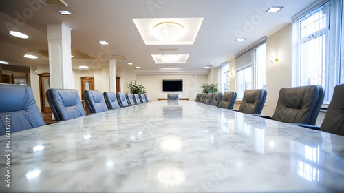 A long conference table with polished marble surface dominates the foreground of a stately room, suggesting important discussions and collaborative decision-making in a formal setting.