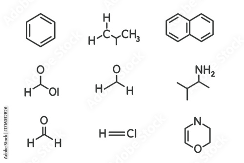 Chemical formula and molecular structure line icon set. Chemistry science vector illustration. Organic chemistry, compound, benzene, hydrocarbon scientific symbols collection.