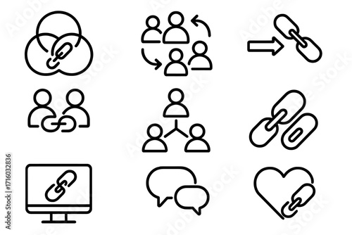 Link building icon set. Teamwork, communication, partnership, and business relationship concept. Editable stroke vector line icons for web, marketing and infographics. Network.