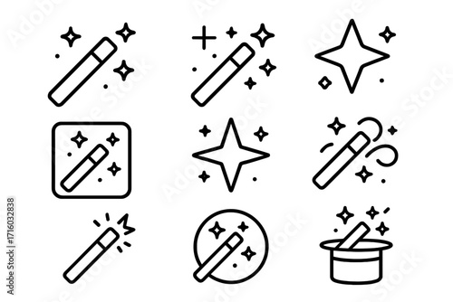 Magic wand simple isolated line icons collection. Wizard stick, illusionist trick, and miracle concept. Magician tool vector pictogram set with editable stroke and sparkle.