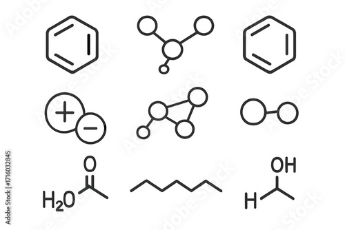 Chemistry line icon set. Chemical compound, molecule structure, and atomic formula symbols. Science, laboratory, and education vector icons for infographics. Editable stroke.