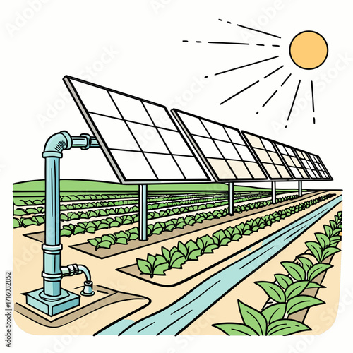 Solar powered irrigation system watering crops on a sunny day in a modern agricultural field