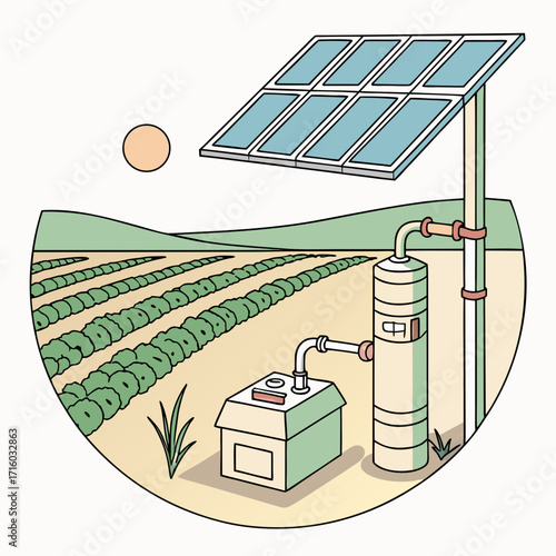 Solar powered irrigation system pumping water to a field of crops under a bright sun