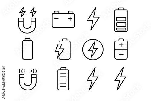 Energy and electricity line icon set. Power, charge, and voltage symbols. Vector collection of battery, accumulator, magnet, lightning bolt signs for web design and apps.