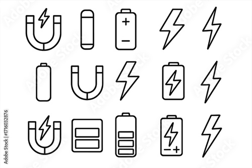 Energy and power line icon set. Magnet, battery charge, and lightning bolt symbols. Vector outline signs for electricity, web design, user interface, and mobile apps.
