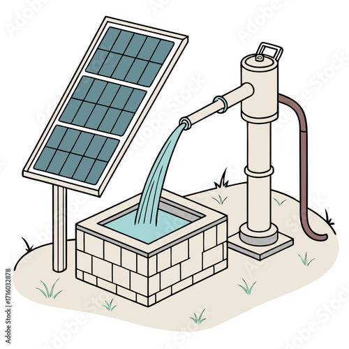 Solar powered water pump drawing clean water into a brick well with grass and blue sky background