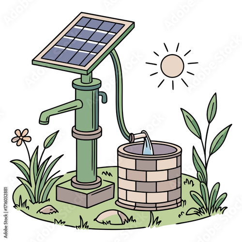 Solar powered water pump drawing clean water from a well into a bucket under a bright sun
