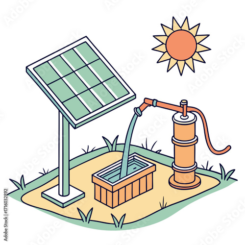 Solar powered water pump drawing water into a trough under a bright sun