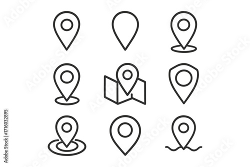 Map pin outline icon set. Location pointer, navigation marker signs. Minimalist linear pictogram collection for web, graphic design, apps, UI, UX. Vector symbols.