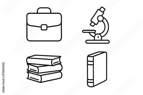 Education and business icon set. Thin line art collection with briefcase, microscope, books. Science research, study, knowledge, library, law vector symbols for web.