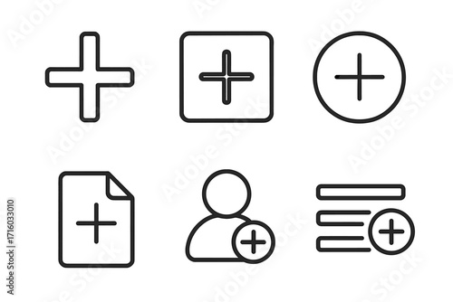 Plus add icon set. Simple line icons for creating new document, adding user, and expanding menu. Essential UI UX vector symbols for website and mobile app design. Editable stroke.