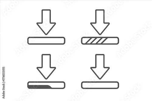 Download icon set with progress bar. Loading process signs. Thin line art vector graphics for web design, app interface, UI, UX. Arrow down symbol for saving file.