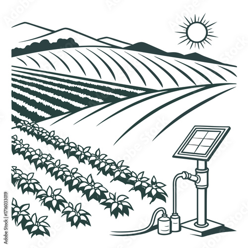 Sustainable agriculture with solar powered irrigation system watering crops on rolling hills under a bright sun