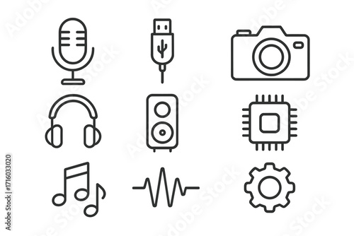 Technology and multimedia outline icon set. Microphone for podcast, camera, headphones, speaker. USB cable, computer chip, sound wave, music notes and gear for settings.