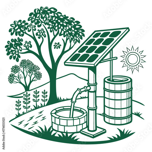 Solar powered water well pump drawing clean water into a brick well with a barrel and trees in the background