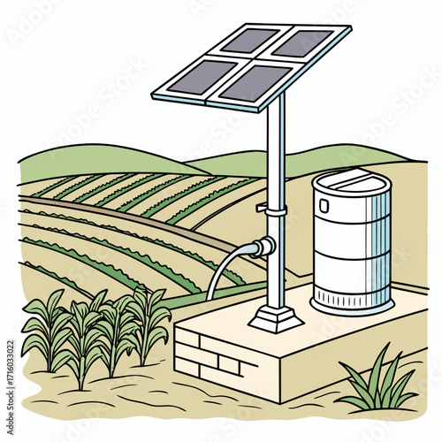 Solar powered water pump system irrigating crops on terraced farmland with a water storage tank