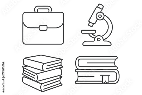 Business, science, and education thin line icon set. Vector symbols of briefcase, microscope, books. For school, university, research, work, and knowledge concepts.