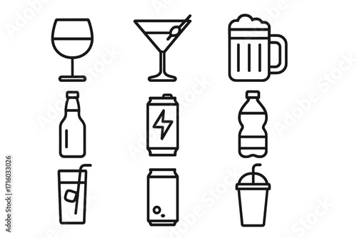 Beverage and drink icon set. Collection of simple outline symbols for alcohol, soft drinks, energy drinks. Vector line art of wine, beer, cocktail, soda, juice. Minimalist pictograms.