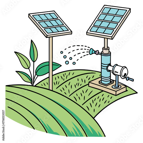 Sustainable agriculture with solar powered water pump irrigating green fields and growing plants