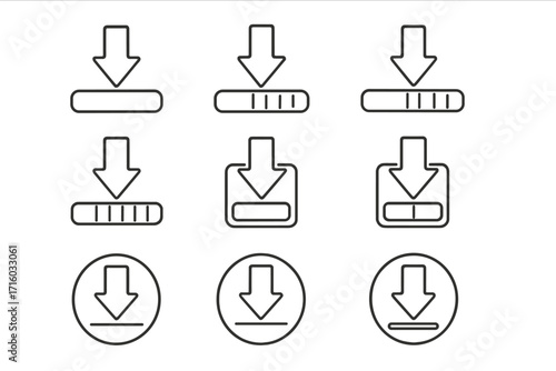 Download icon set vector. Progress bar loading status. Arrow down symbol for web ui ux design. App interface button. Data transfer, save file, update outline signs.
