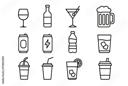 Drinks and beverages icon set. Thin line art collection for bar menu, restaurant, or cafe. Vector signs for alcohol, soft drinks, beer, wine, cocktail, coffee, and water.