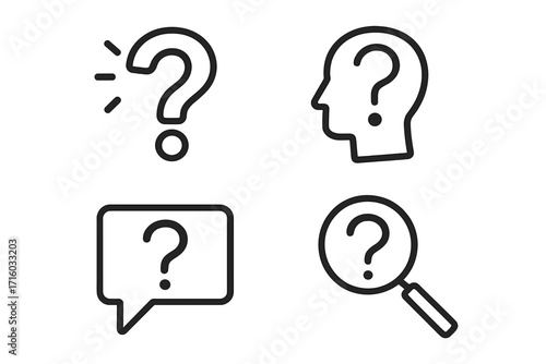 Question mark outline icon set. FAQ, help and support symbols. Linear vector icons for thinking head, problem solving, search and query. Modern minimal pictogram collection.
