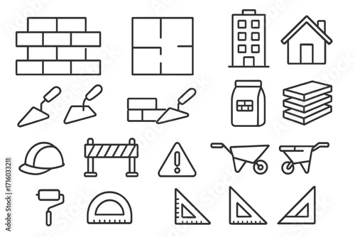 Building and construction line icon set. Vector outline symbols for architecture, home repair, and engineering projects. Pack includes brick wall, floor plan, trowel, cement, helmet.