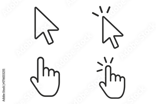Cursor icon set with arrow and hand pointers. Simple line collection for click and select actions. Editable stroke vector for UI and GUI design, web navigation elements.