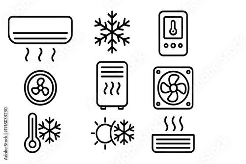 Heating, cooling, and ventilation thin line icon set. HVAC system outline symbols. Air conditioner, fan, heater, thermostat vector icons for web, apps, and print design.