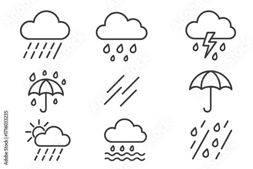 Rain weather line icon set. Outline pictogram collection for web design & apps. Simple vector symbols of cloud, storm, umbrella, raindrop, sunshower, forecast. Minimalist illustration.