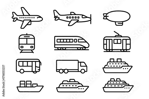 Transport icon collection. Thin line set of vehicle symbols for logistics and travel industry. Features airplane, train, ship, truck, bus. Editable stroke vector for web, apps.