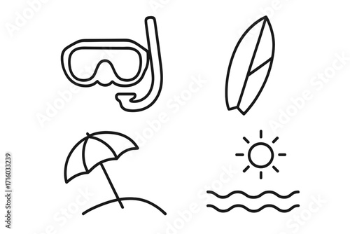 Summer beach vacation line icon set. Sea travel and water sports outline icons. Surfboard, diving mask, umbrella, snorkel, palm tree, sun simple vector symbols for web, UI, app.