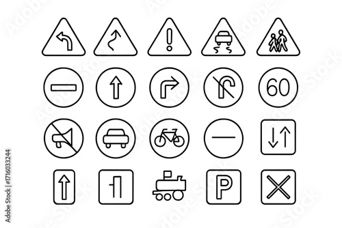 Road sign and traffic symbol thin line icon set. Vector collection of warning, regulatory, and informational street signs. Driving safety and transportation symbols.