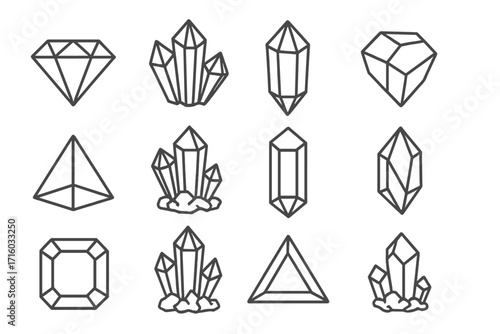 Crystal and gem outline icon set. Vector collection of simple line art symbols. Diamond, jewel, precious stone, and mineral illustrations for jewelry or geology concepts.