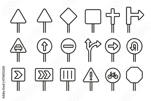 Road sign line icon set. Traffic signs outline collection. Street signboard pictograms. Vector direction, warning, safety, information & transport symbols. Editable stroke.